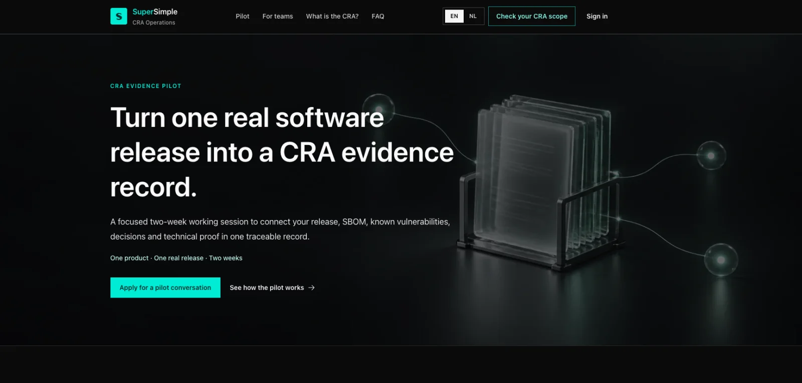 Screenshot van de CRA Operations-pilot met release evidence, SBOM en traceerbare besluiten