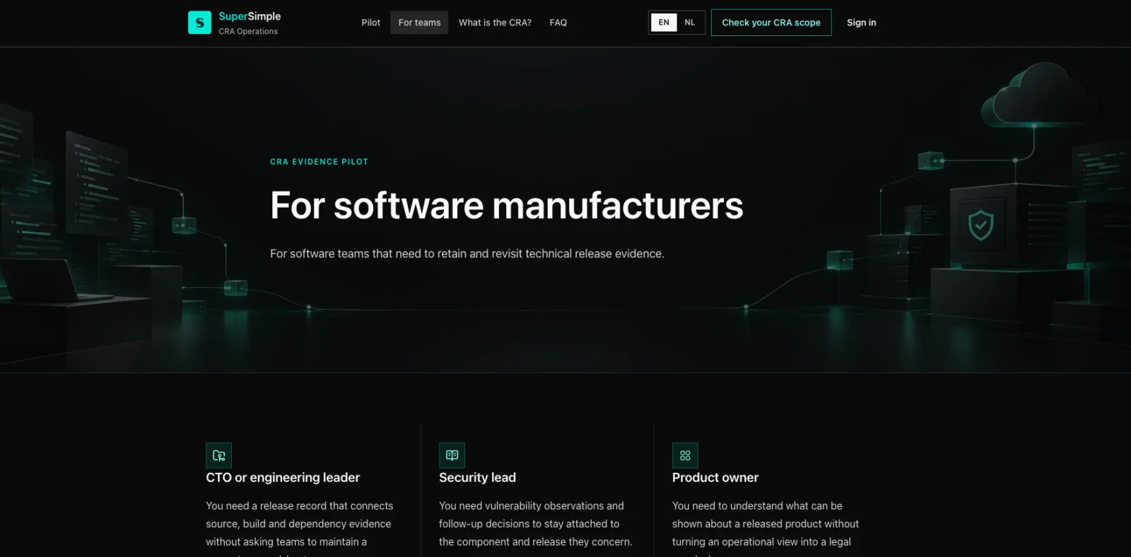Screenshot van CRA Operations voor softwareteams en security- en productverantwoordelijken